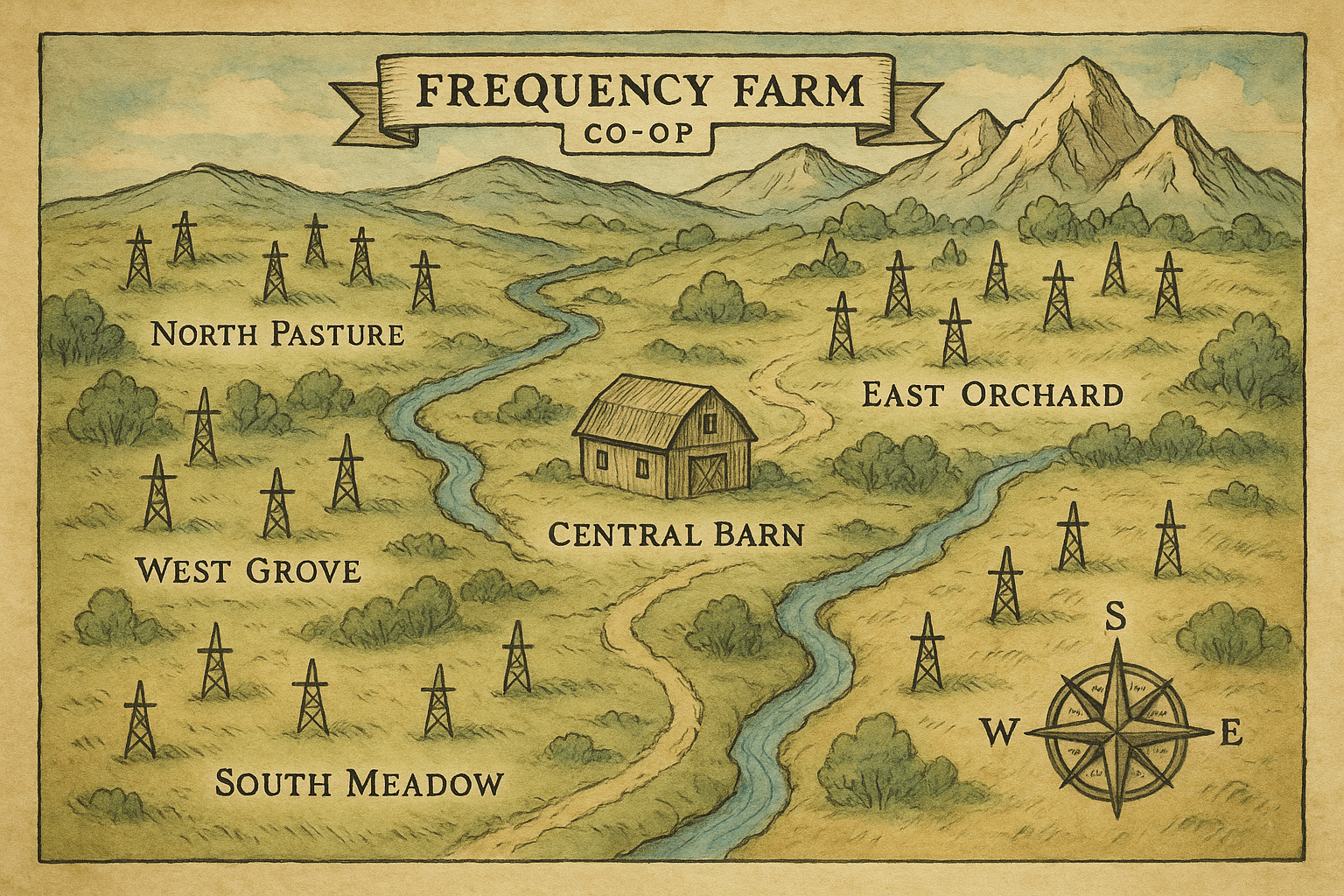 Hand-drawn territorial map of the co-op's frequency pastures